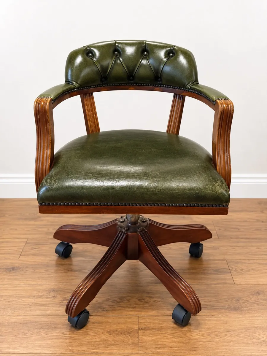 Vintage Green Leather Chesterfield Captain Chair