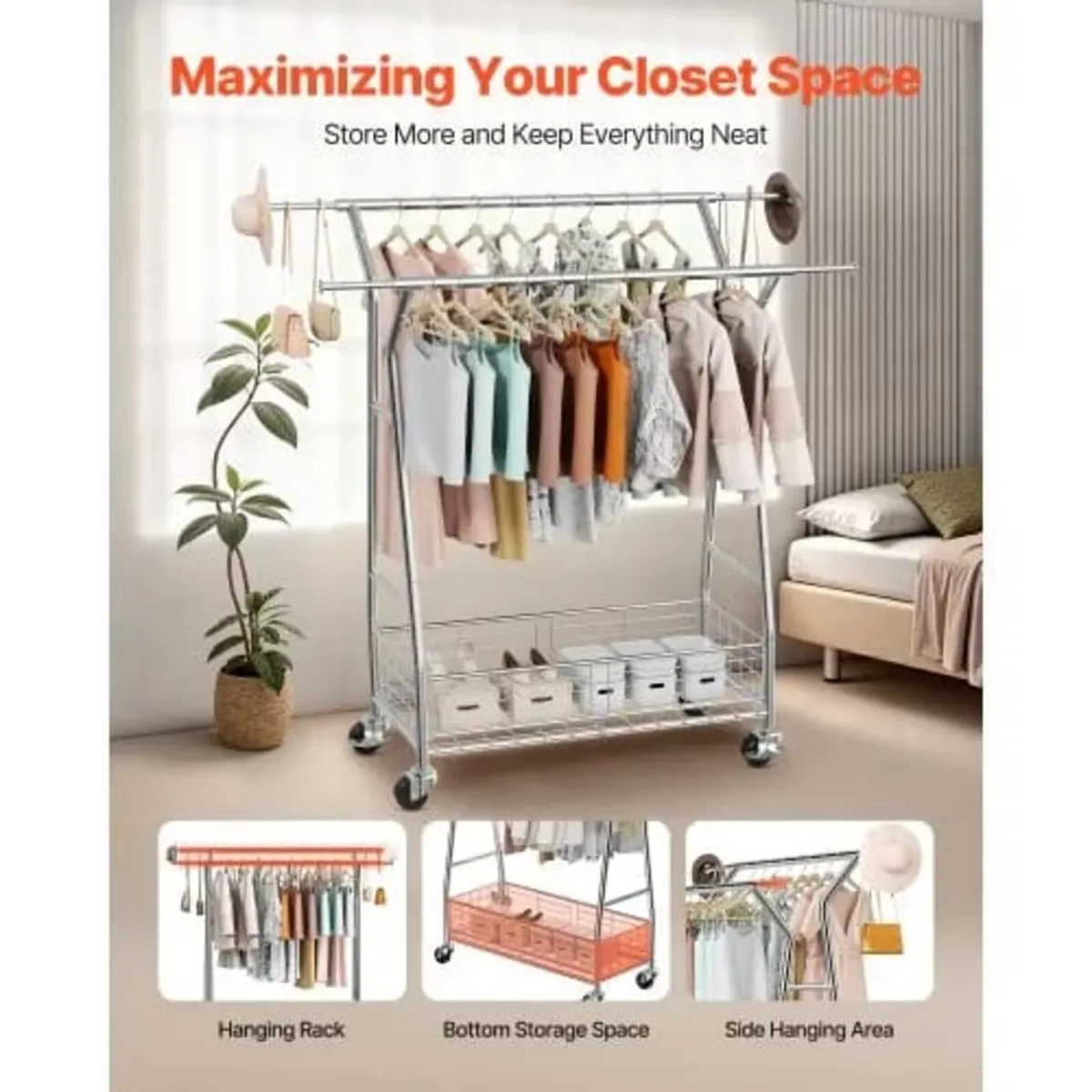 Clothes Rack, Rolling Clothing Garment Rack with 2 - Image 2