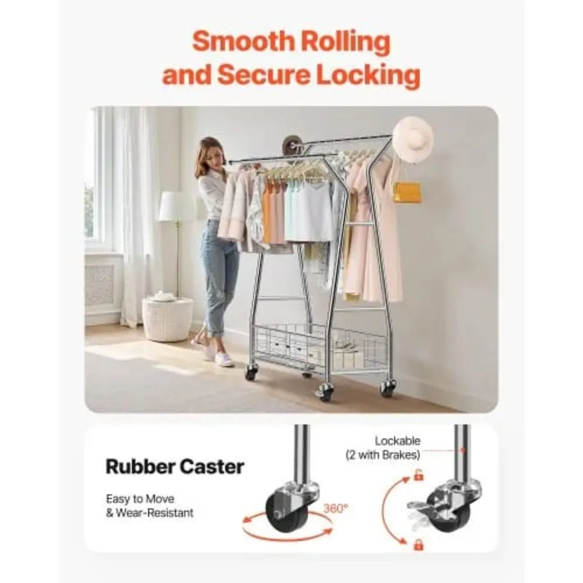 Clothes Rack, Rolling Clothing Garment Rack with 2 - Image 3