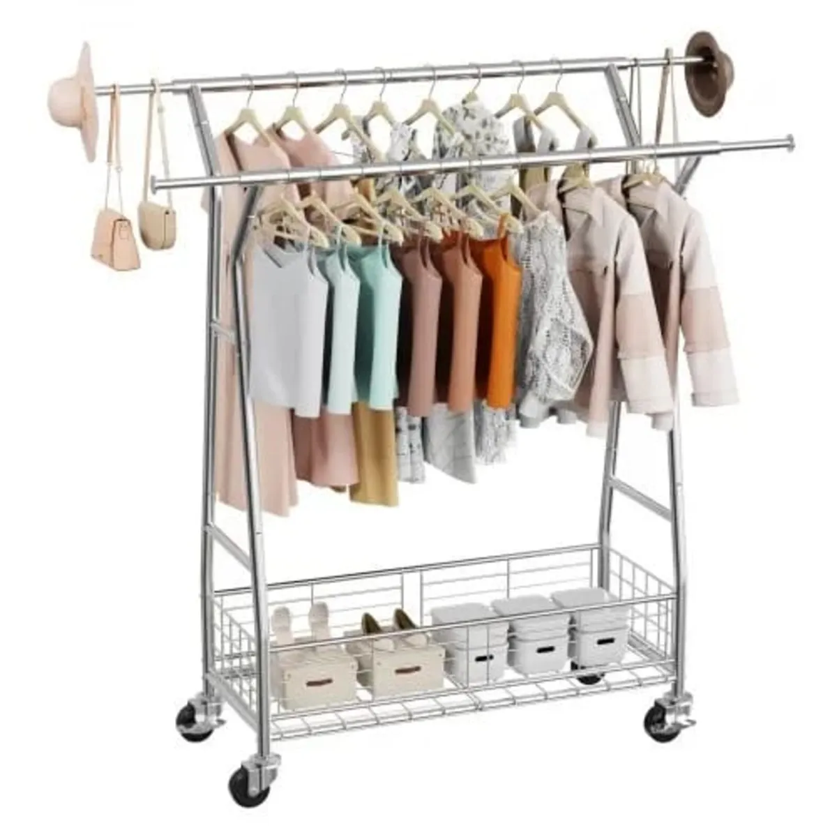 Clothes Rack, Rolling Clothing Garment Rack with 2 - Image 1