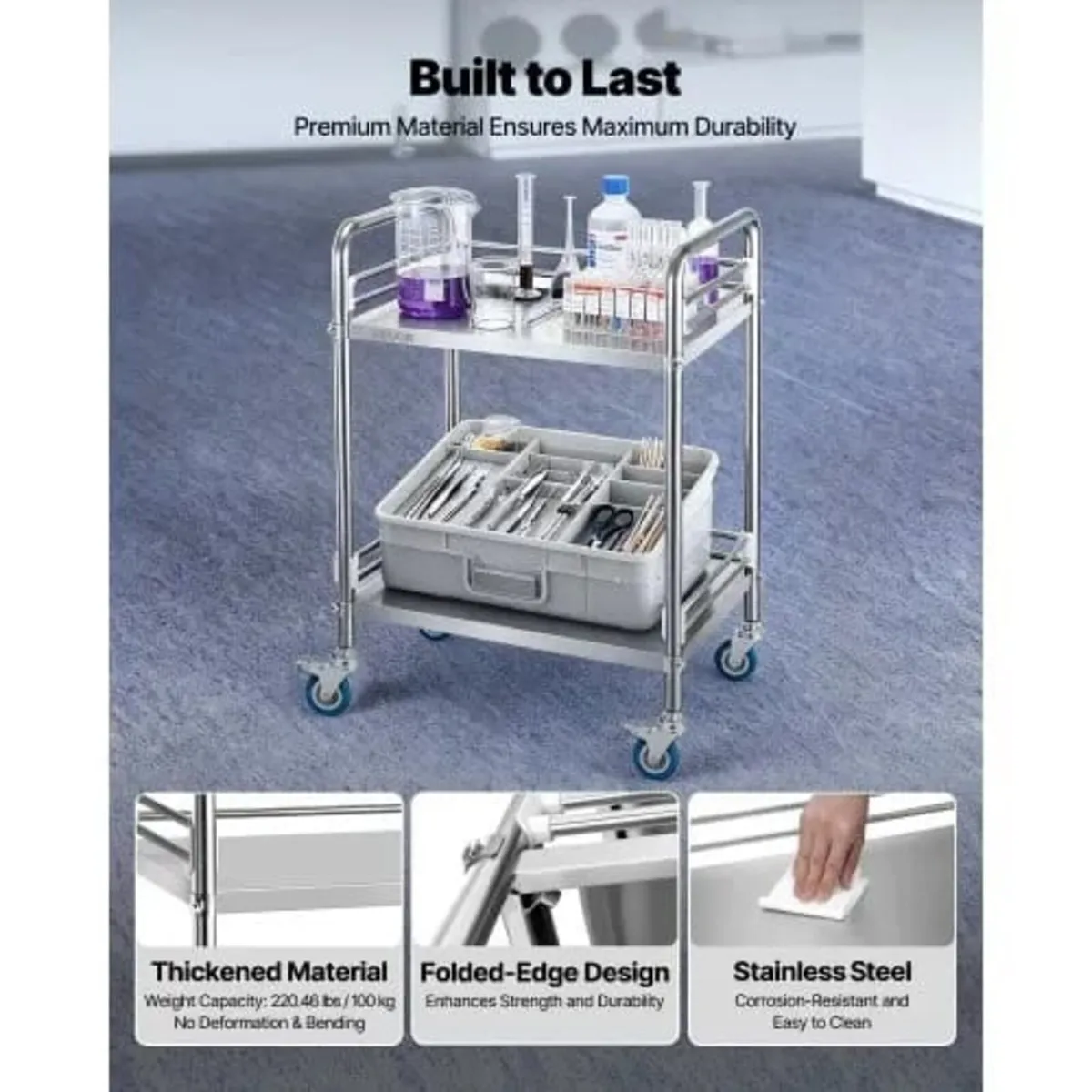 Stainless Steel Cart, 2-Tier Rolling Lab Utility C - Image 3