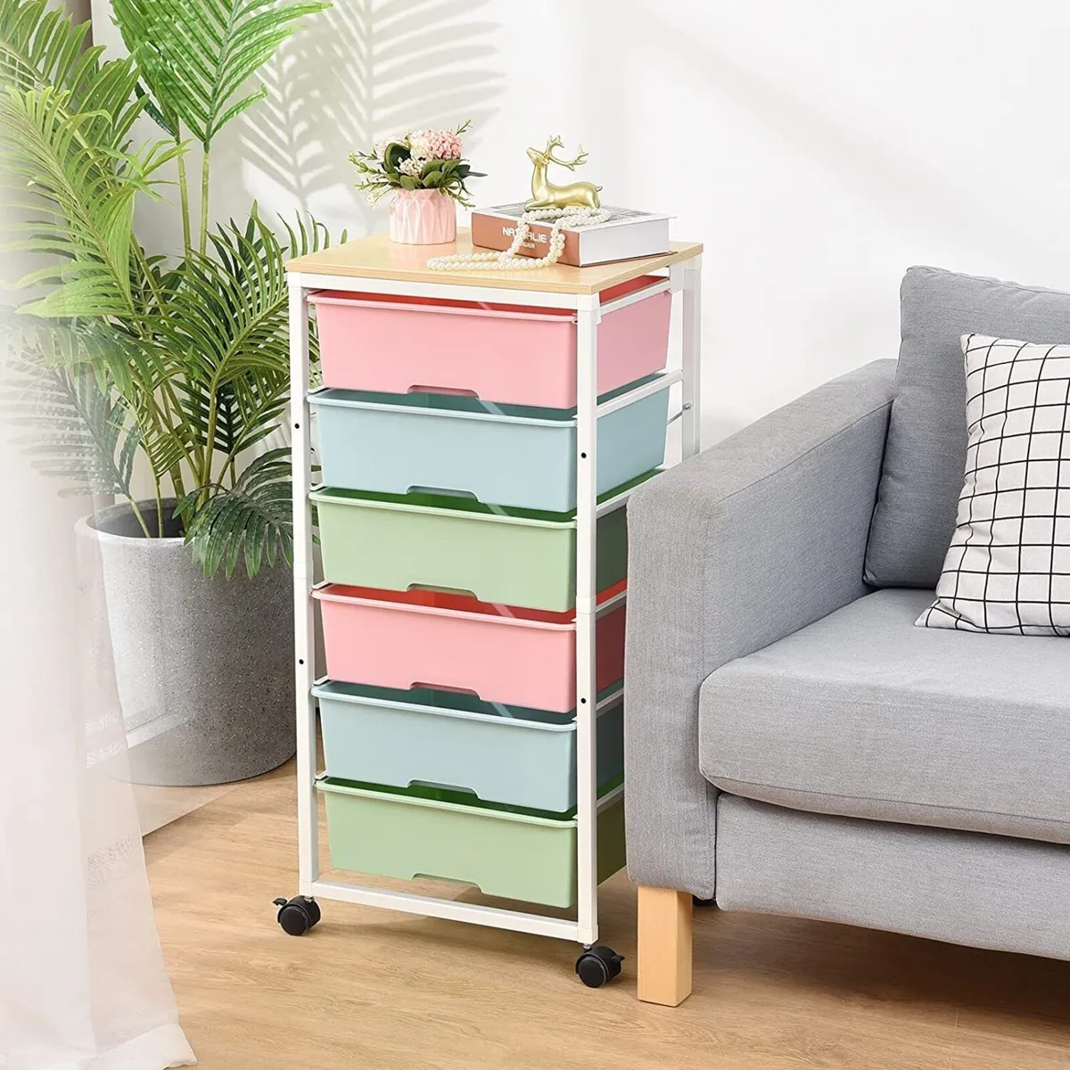 6 Drawer Storage Trolley with Wooden Top and Wheel - Image 1