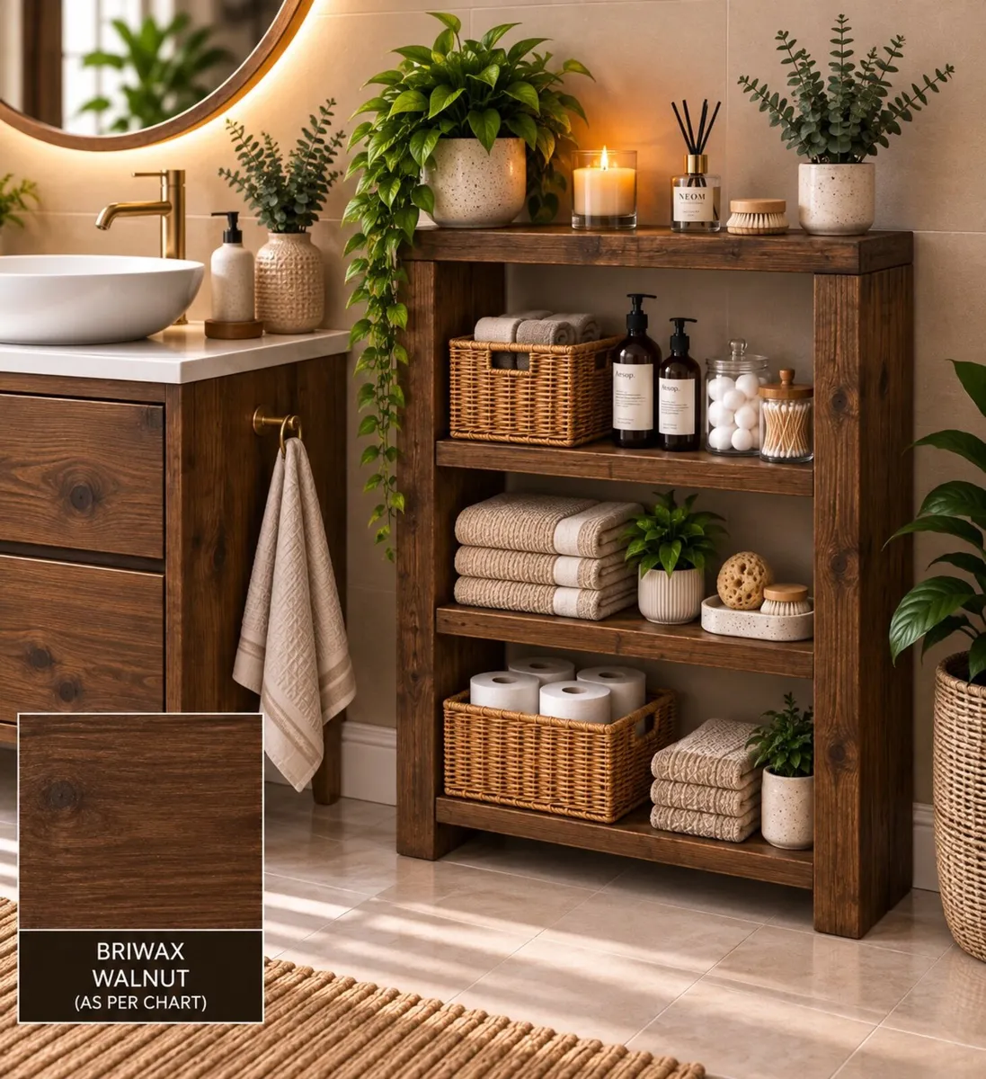 Handmade Walnut Finish Solid Wood Bathroom Unit - Image 1