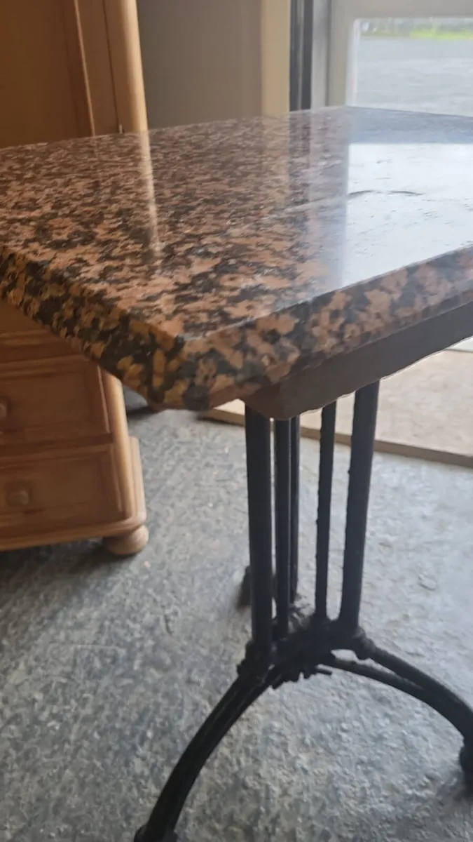 Pair vintage granite top cast iron base tables - Image 3