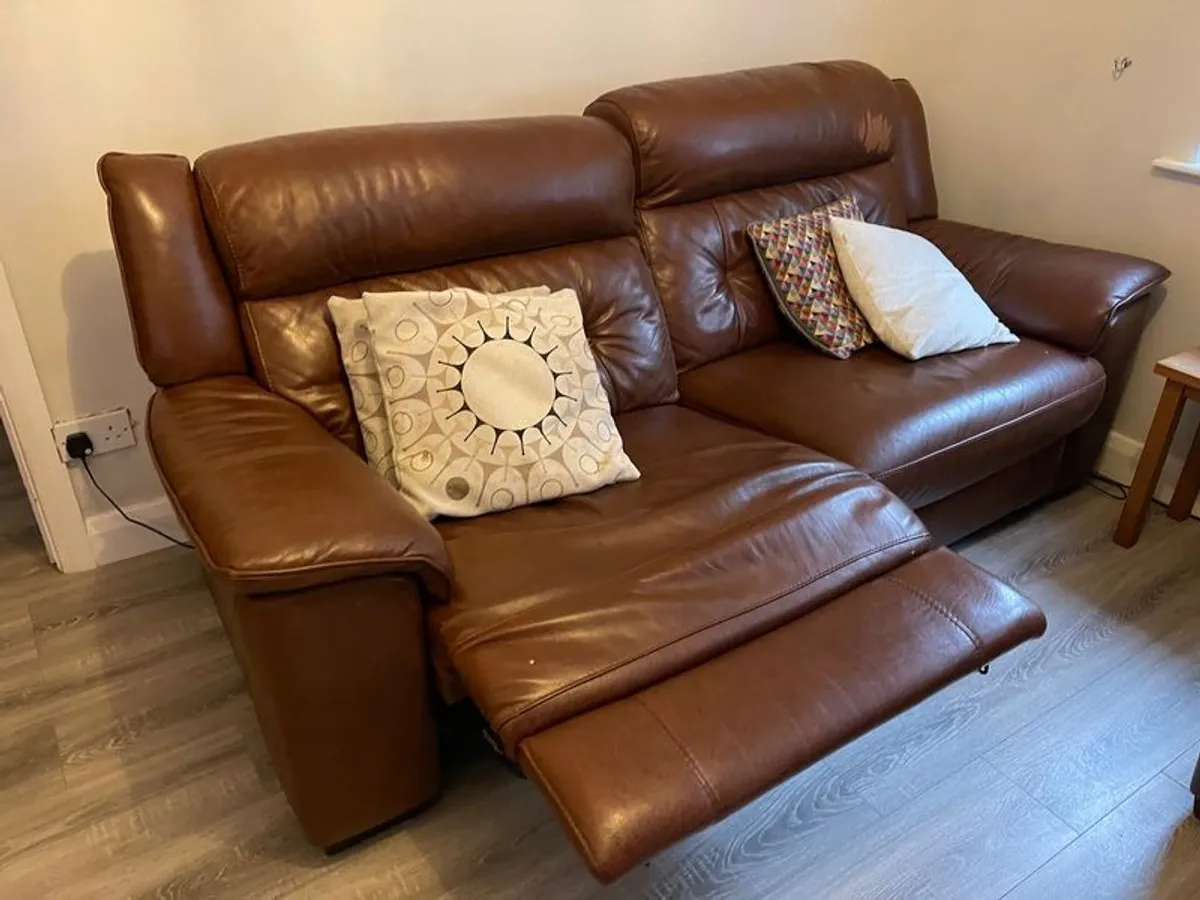 Leather electric recliner sofa with matching armchair and footstool - Image 2