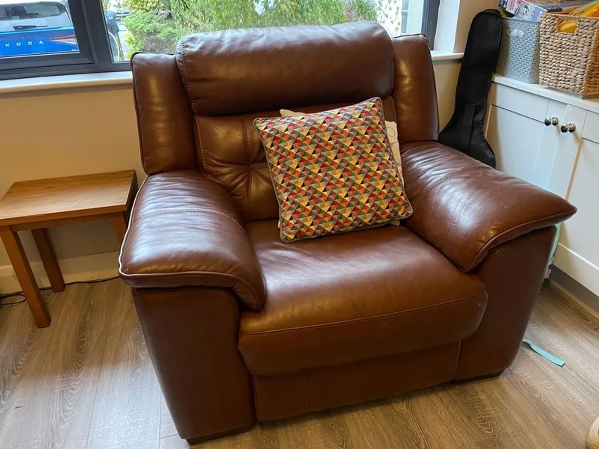 Leather electric recliner sofa with matching armchair and footstool - Image 3