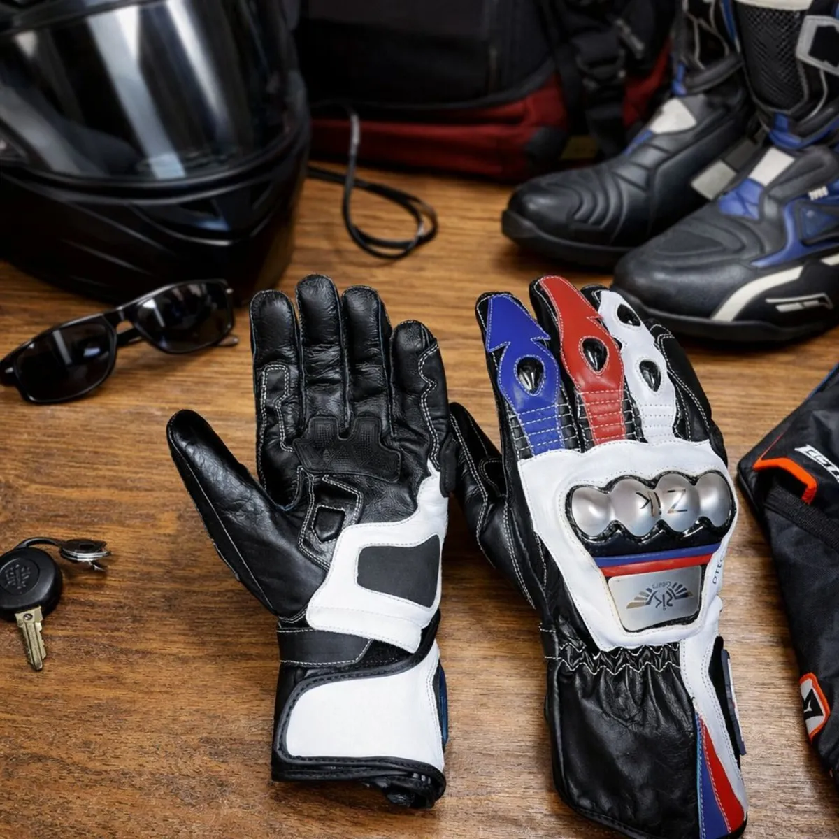 Premium Black & White Leather Motorcycle Gloves - Image 1
