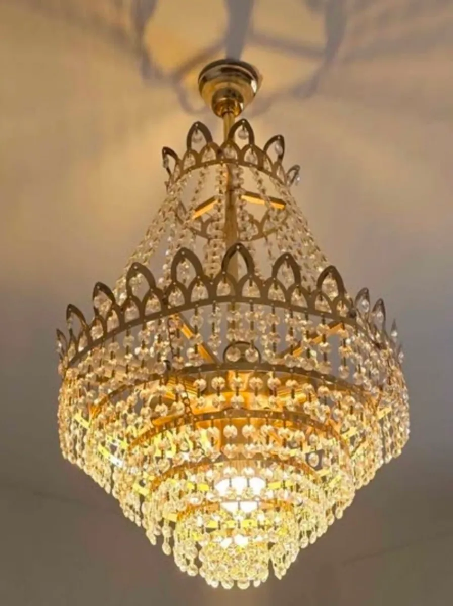 Vintage Brass & Crystal Multi-Tier Chandelier - Image 1