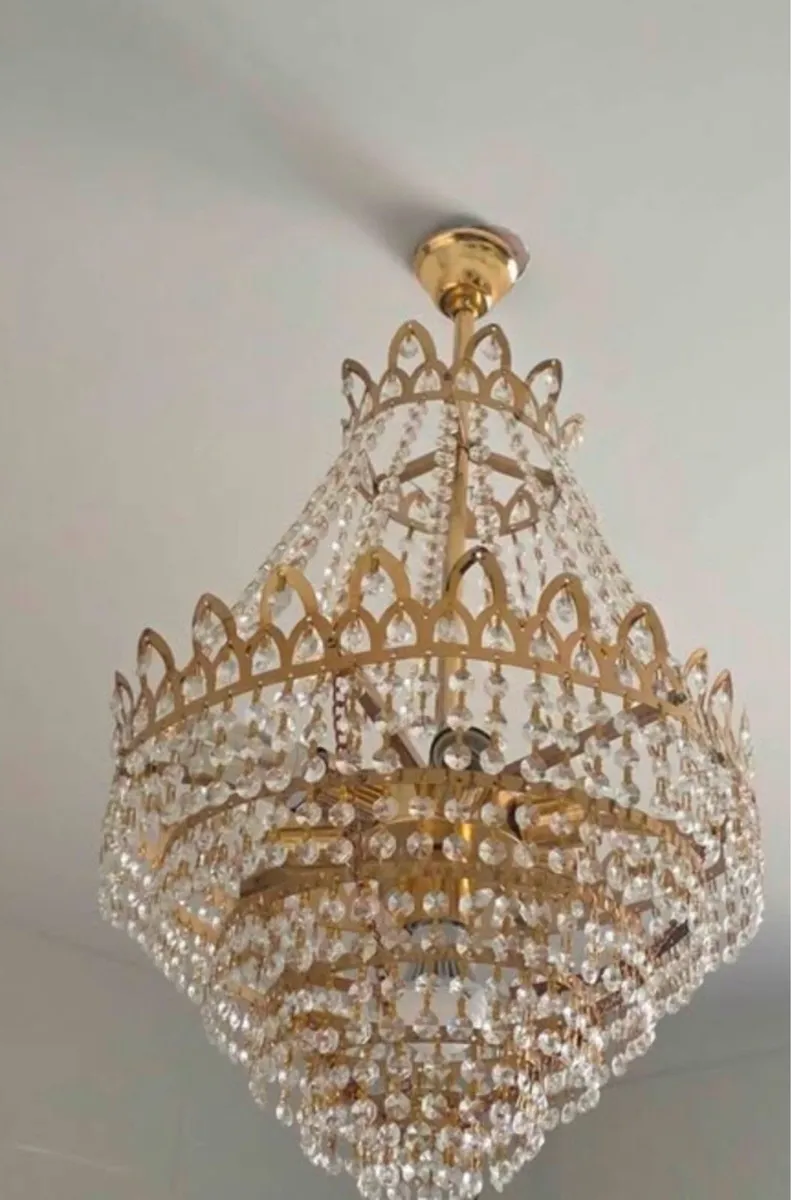 Vintage Brass & Crystal Multi-Tier Chandelier - Image 2