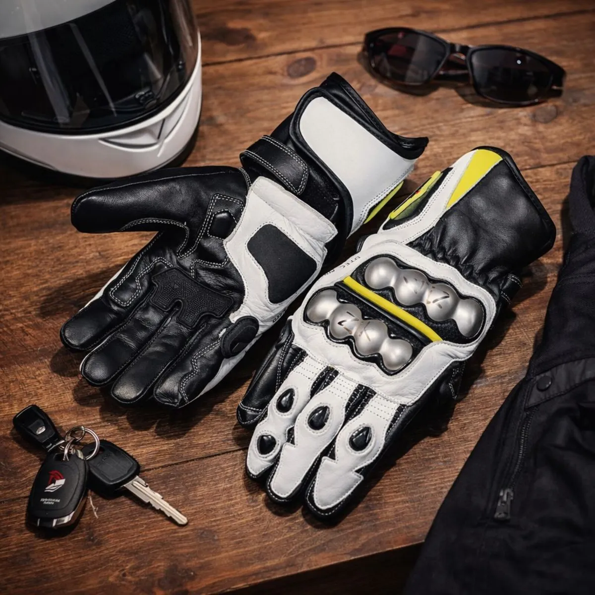 Premium Black & White Leather Motorcycle Gloves - Image 3