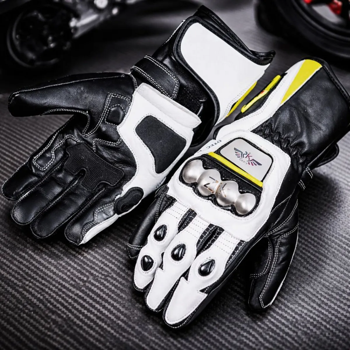 Premium Black & White Leather Motorcycle Gloves - Image 1