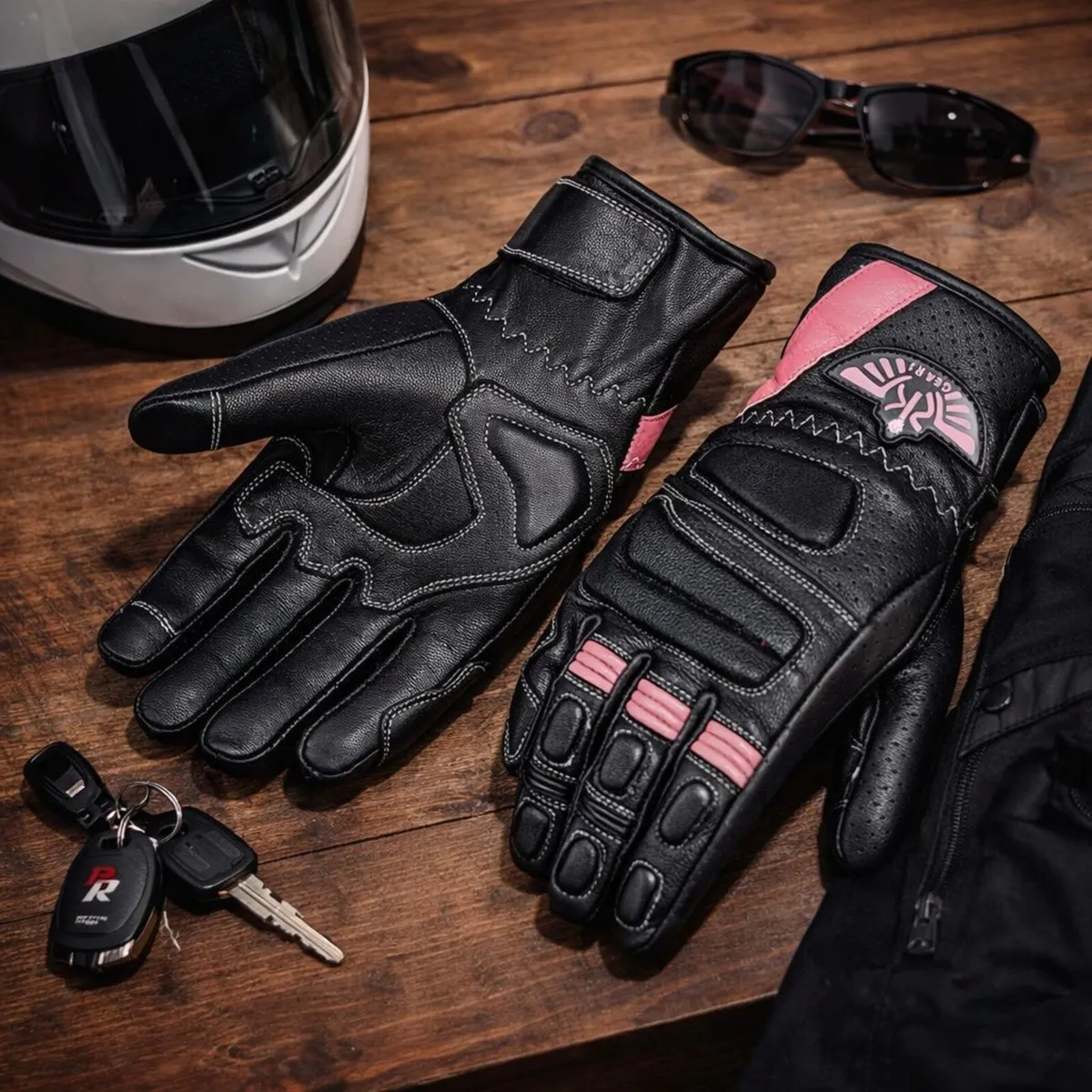 Women's Black & Pink Leather Motorcycle Gloves - Image 1