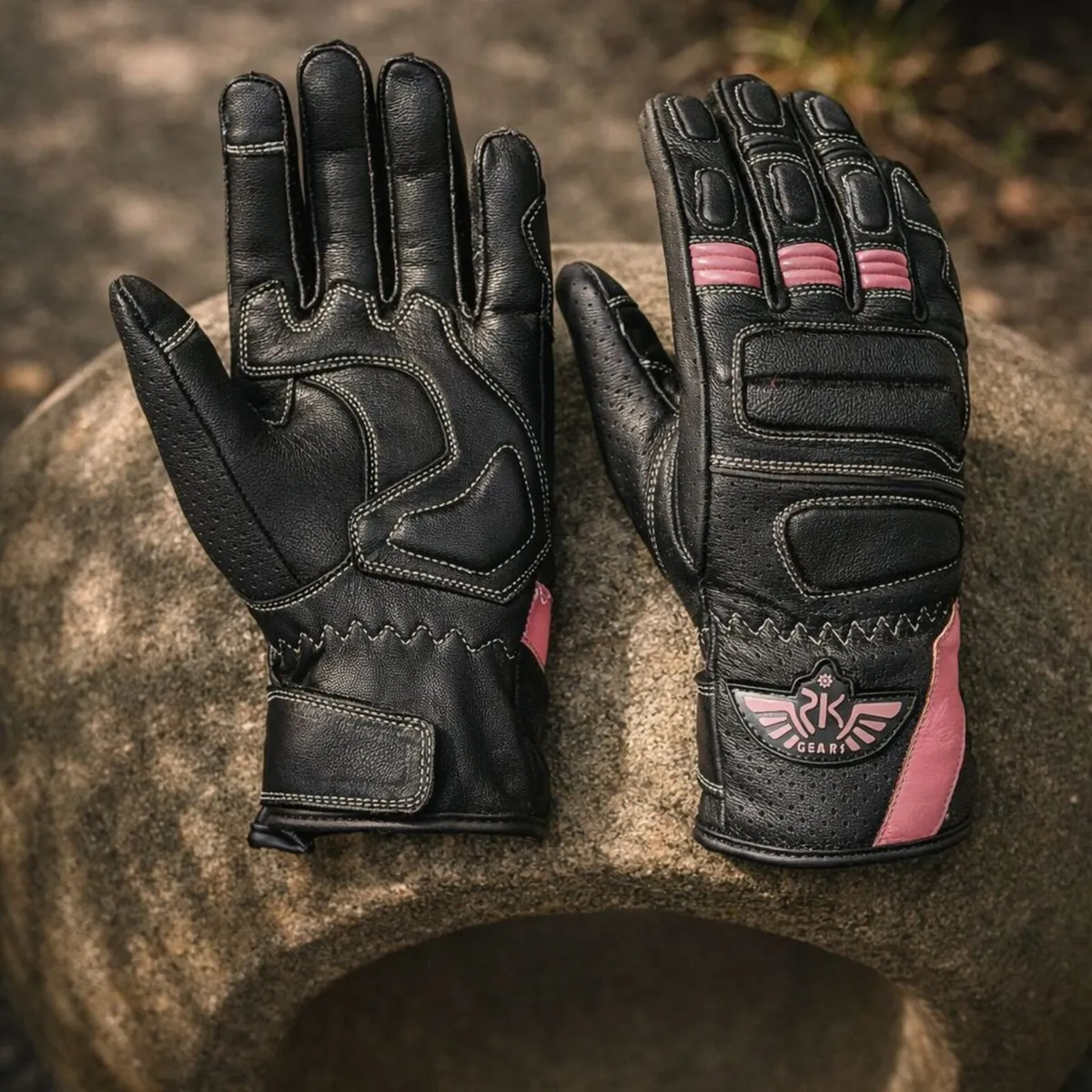 Women's Black & Pink Leather Motorcycle Gloves - Image 2