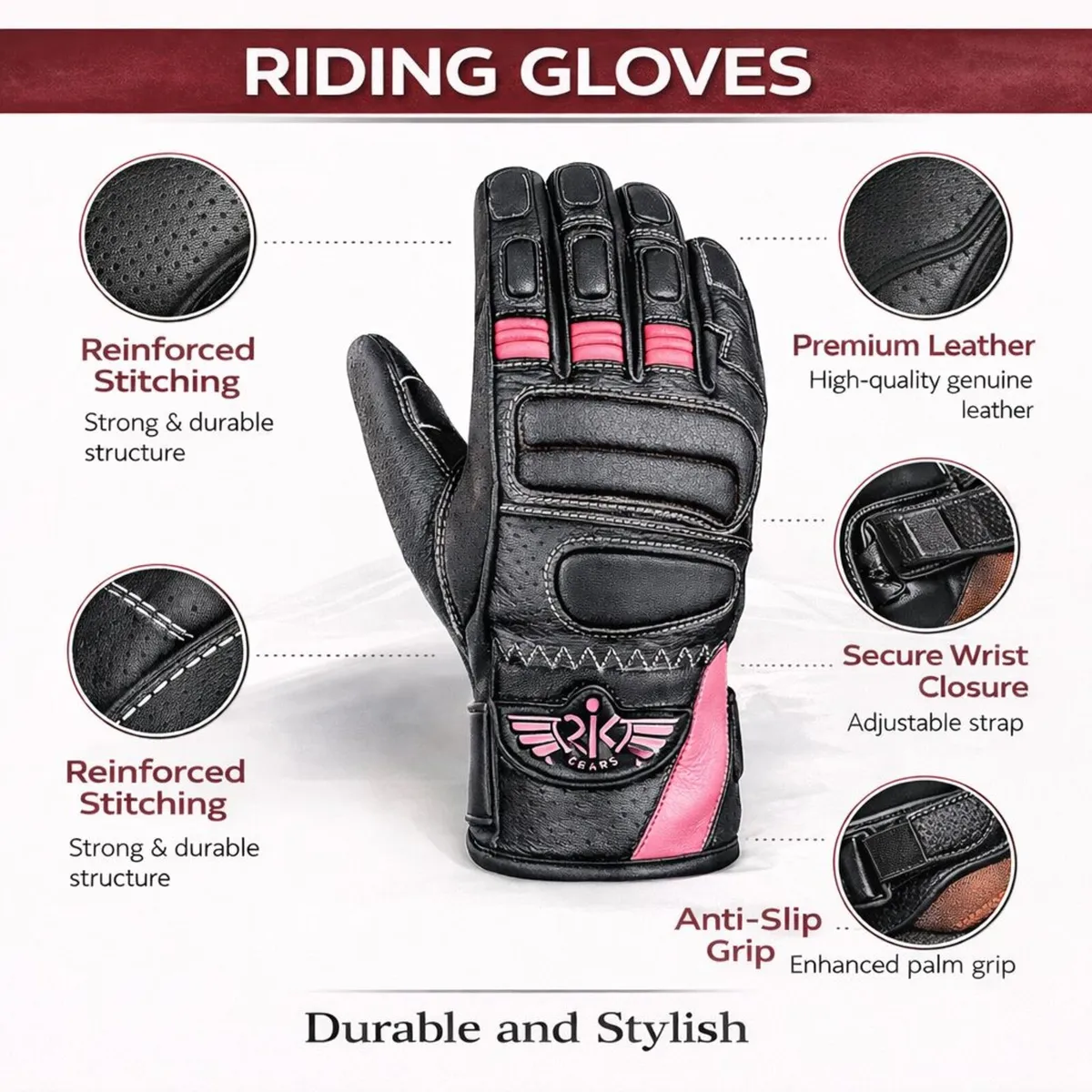 Women's Black & Pink Leather Motorcycle Gloves - Image 3