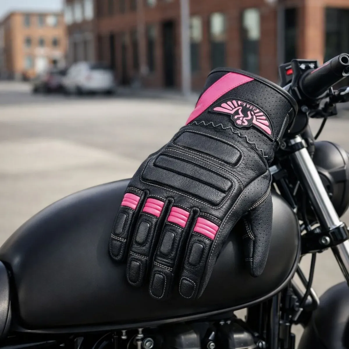 Women's Black & Pink Leather Motorcycle Gloves - Image 4
