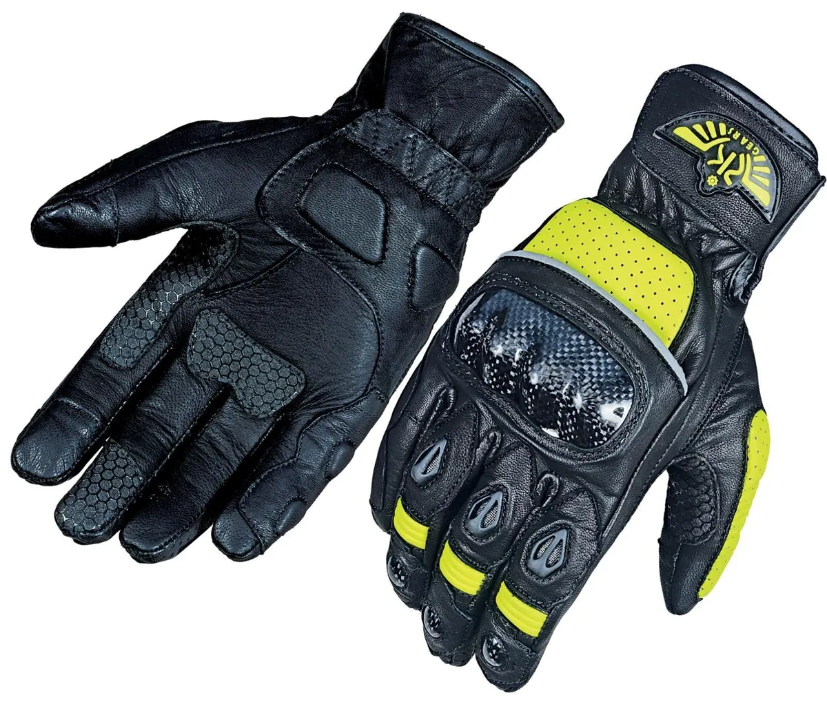 Women's Black & Yellow Leather Motorcycle Gloves - Image 3