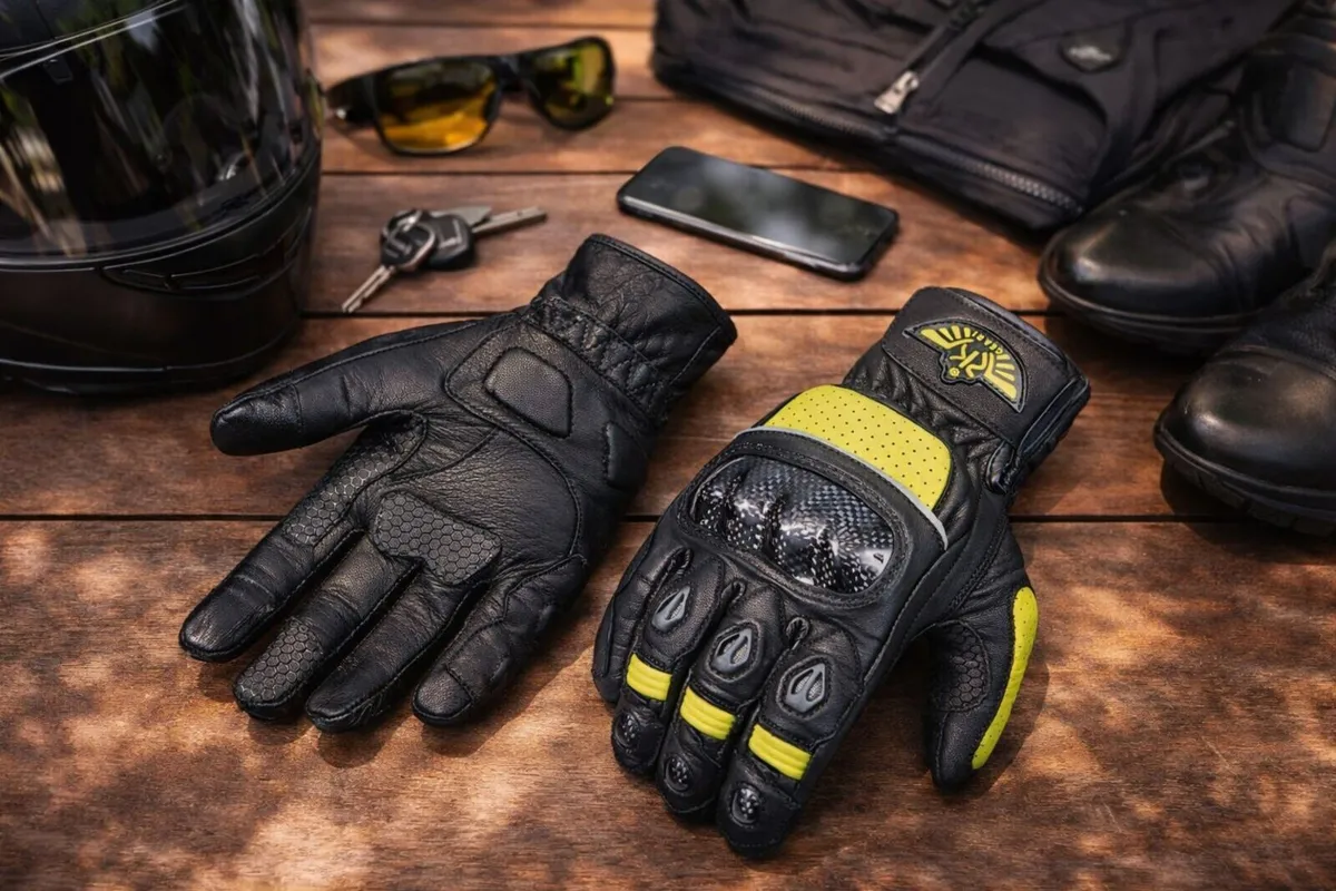 Women's Black & Yellow Leather Motorcycle Gloves - Image 1