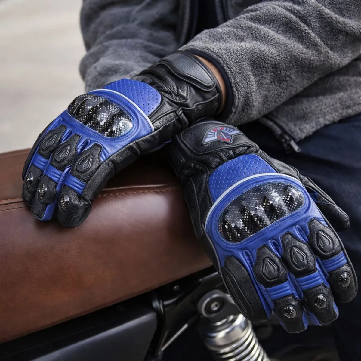 Black & Blue Leather Motorcycle Riding Gloves - Image 1