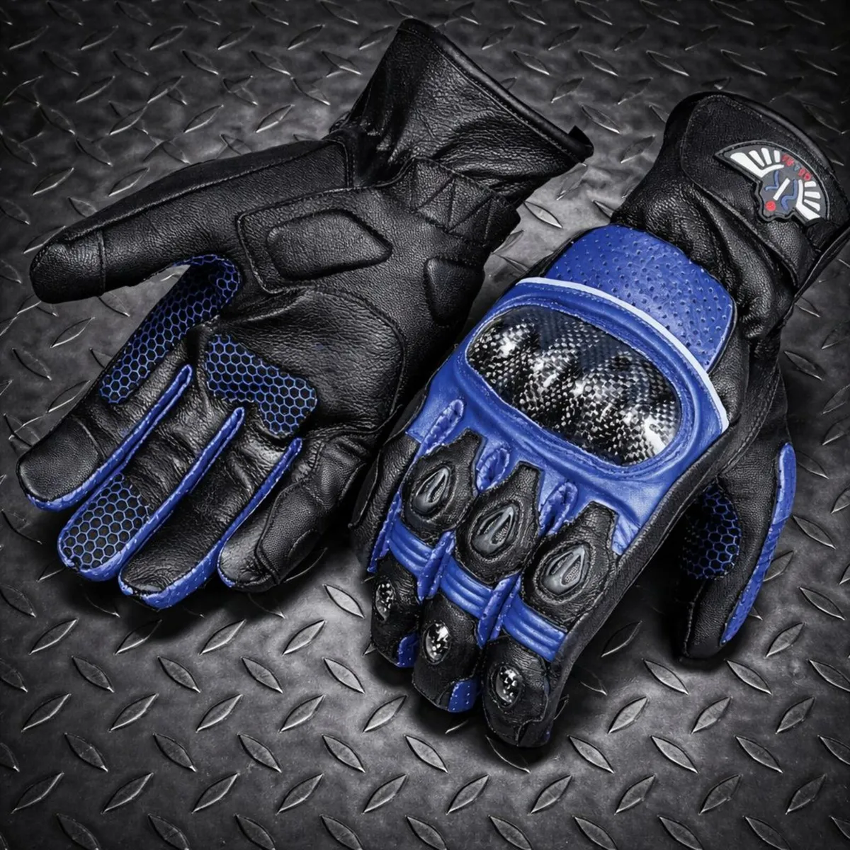 Black & Blue Leather Motorcycle Riding Gloves - Image 2