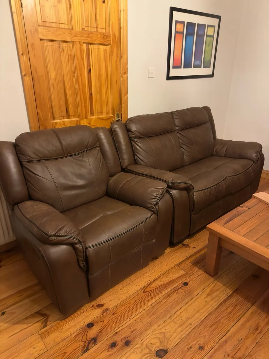Brown recliner leather couch three piece - Image 1