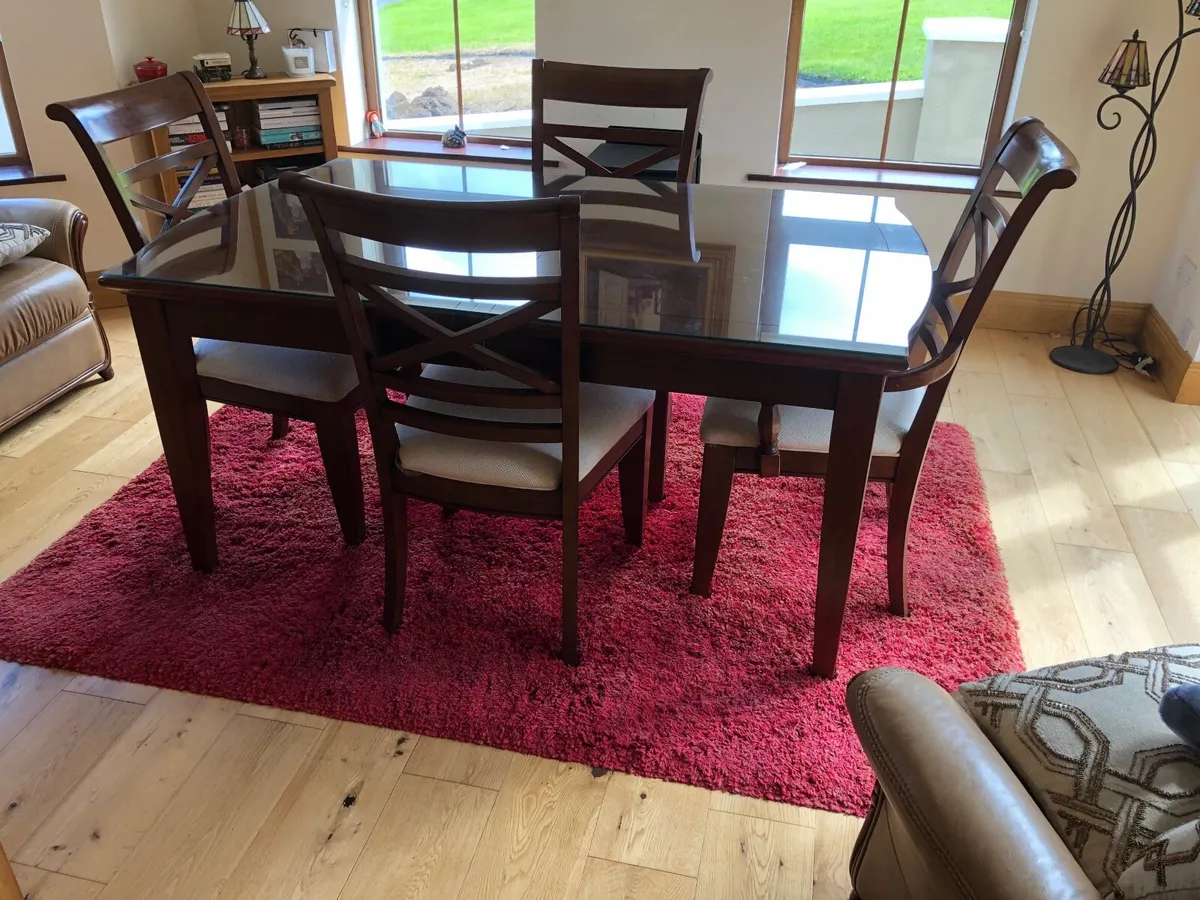 Brown Dining Table with Glass Top & 4 Chairs - Image 1