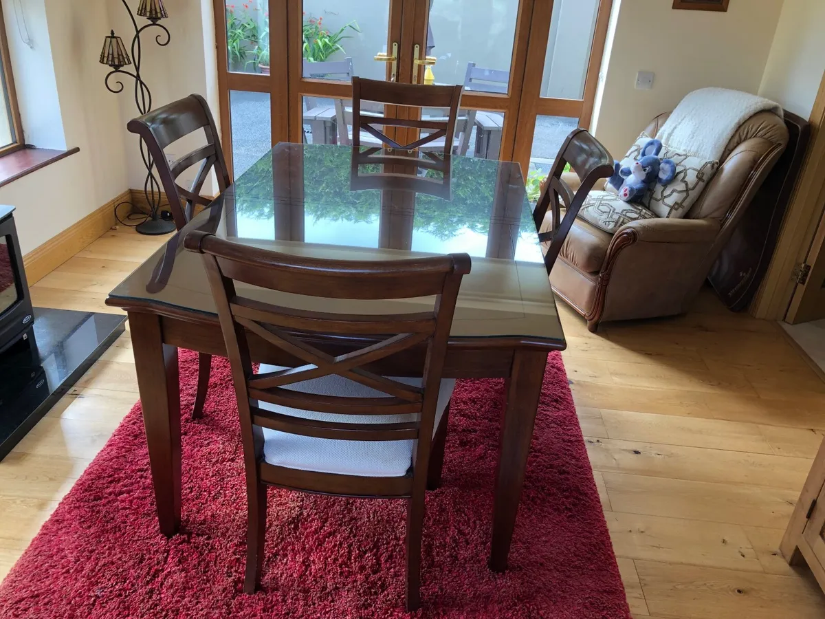 Brown Dining Table with Glass Top & 4 Chairs - Image 2