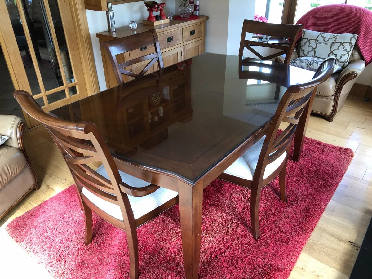 Brown Dining Table with Glass Top & 4 Chairs - Image 3