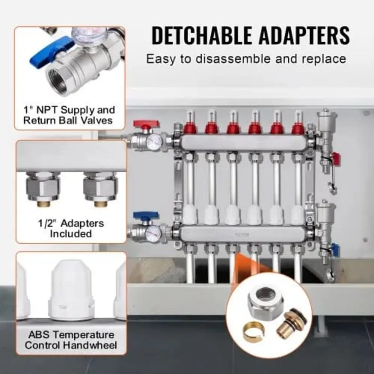 6-Branch Radiant Heat Manifold, 1/2" PEX Tubing Ma - Image 4