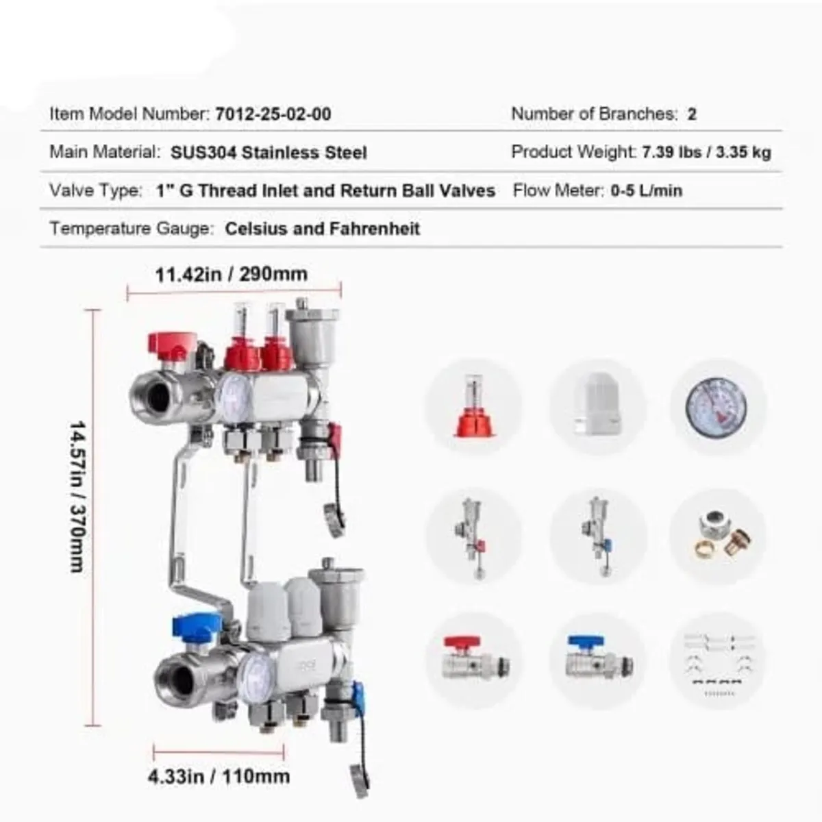 2-Branch Radiant Heat Manifold, 1/2" PEX Tubing Ma - Image 4