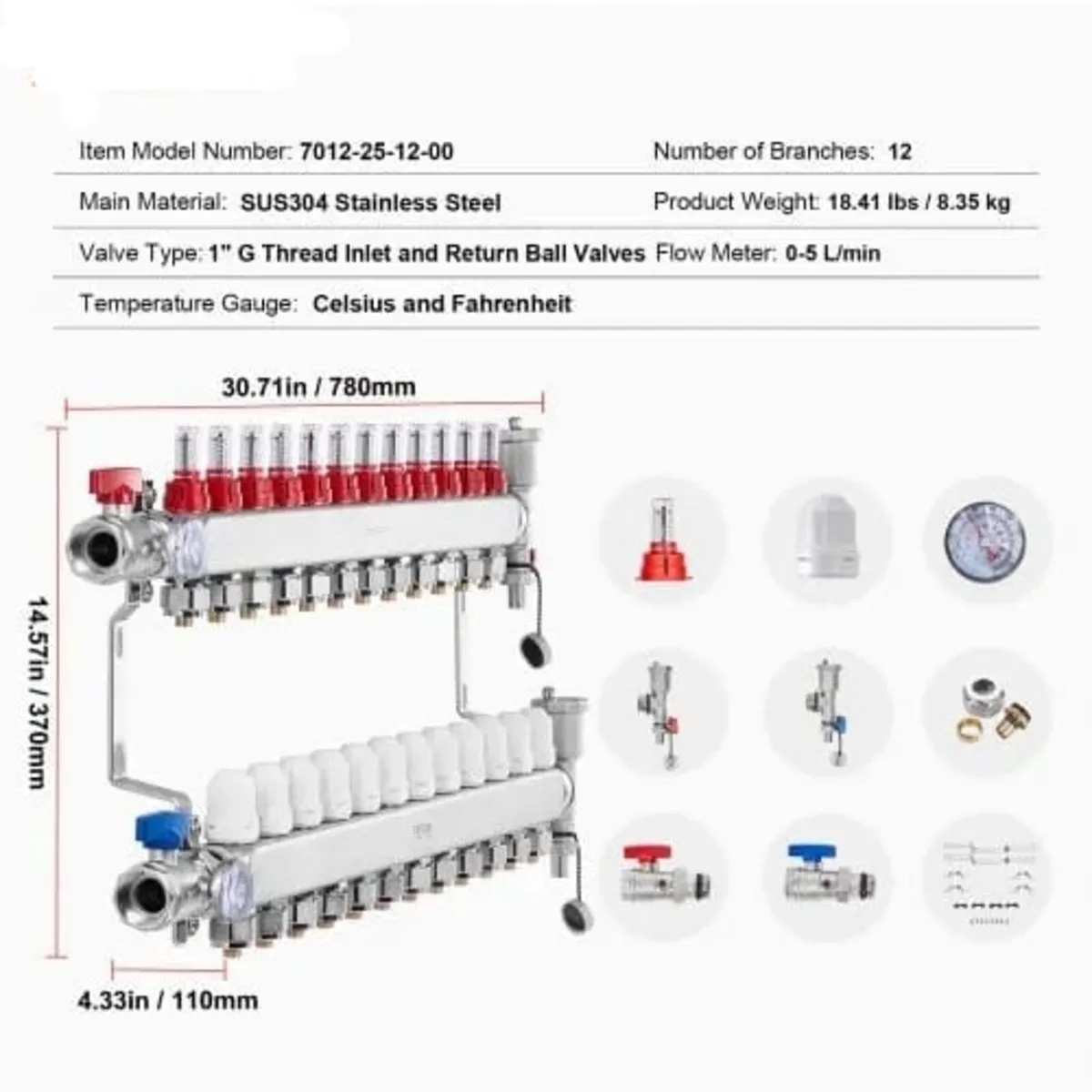 12-Branch Radiant Heat Manifold, 1/2" PEX Tubing M - Image 4