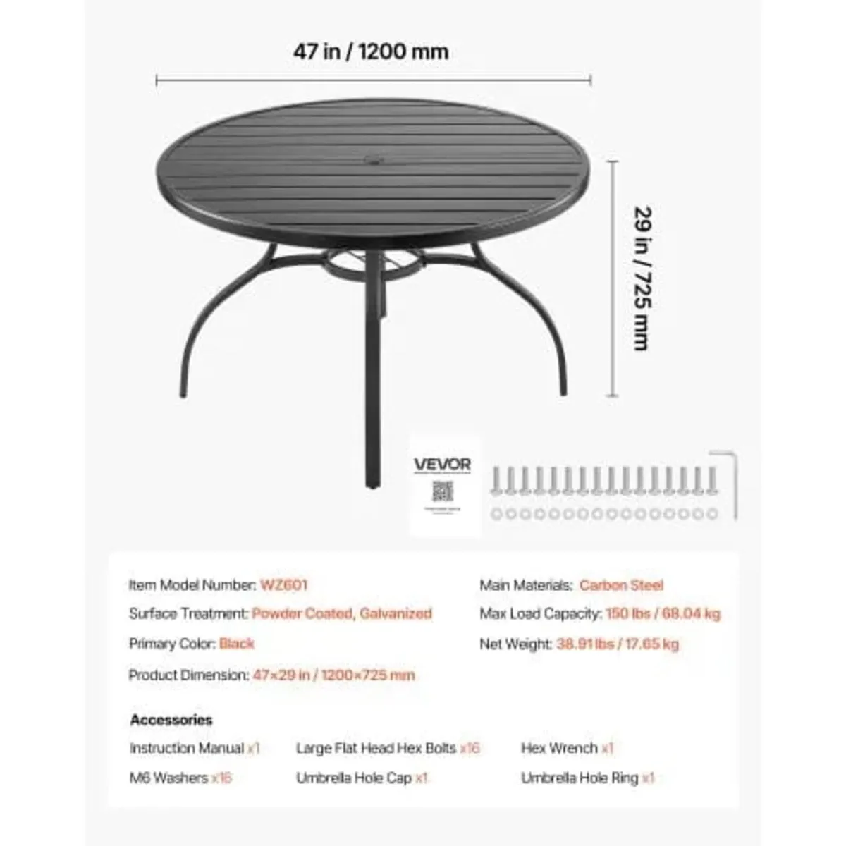 Outdoor Patio Dining Table, 120cm Round Metal Stee - Image 4