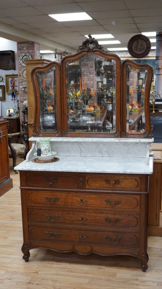 Antique French Oak Dressing Chest with Marble Top - Image 2