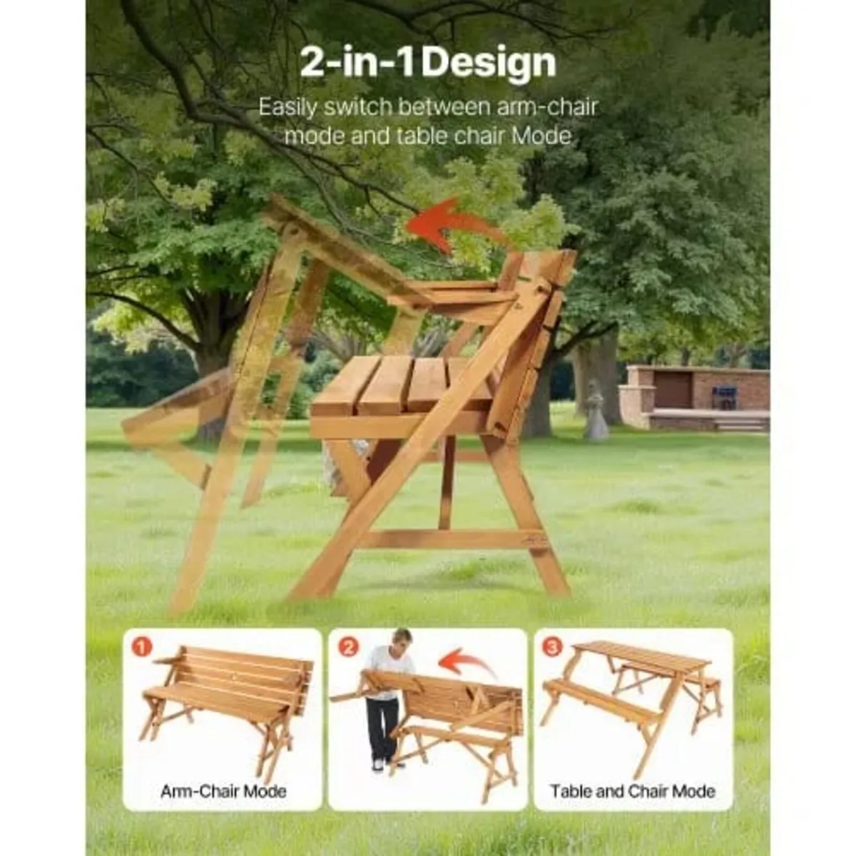 2-in-1 Transforming Interchangeable Picnic Table, - Image 3