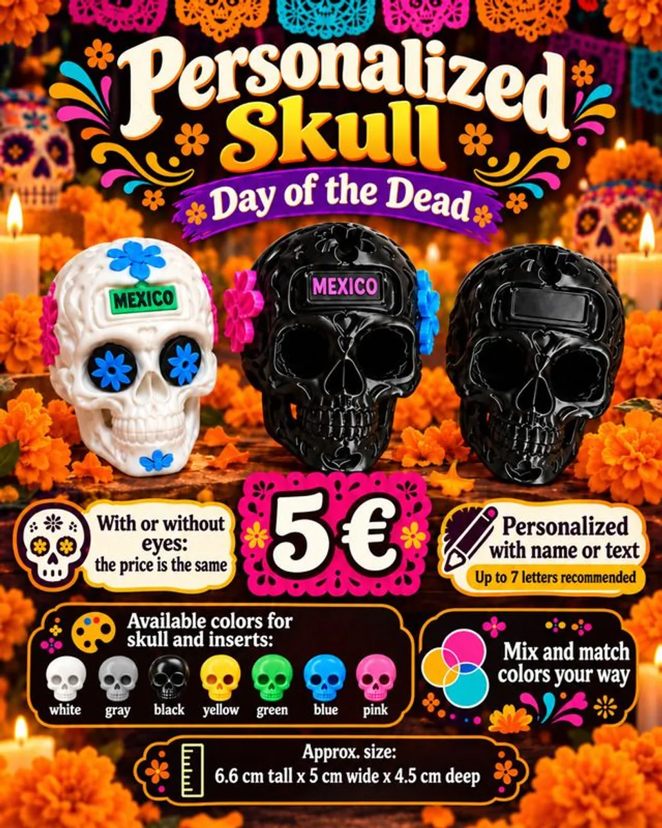 Personalised Dia de Muertos Skull, Custom Colours, Name - Image 1