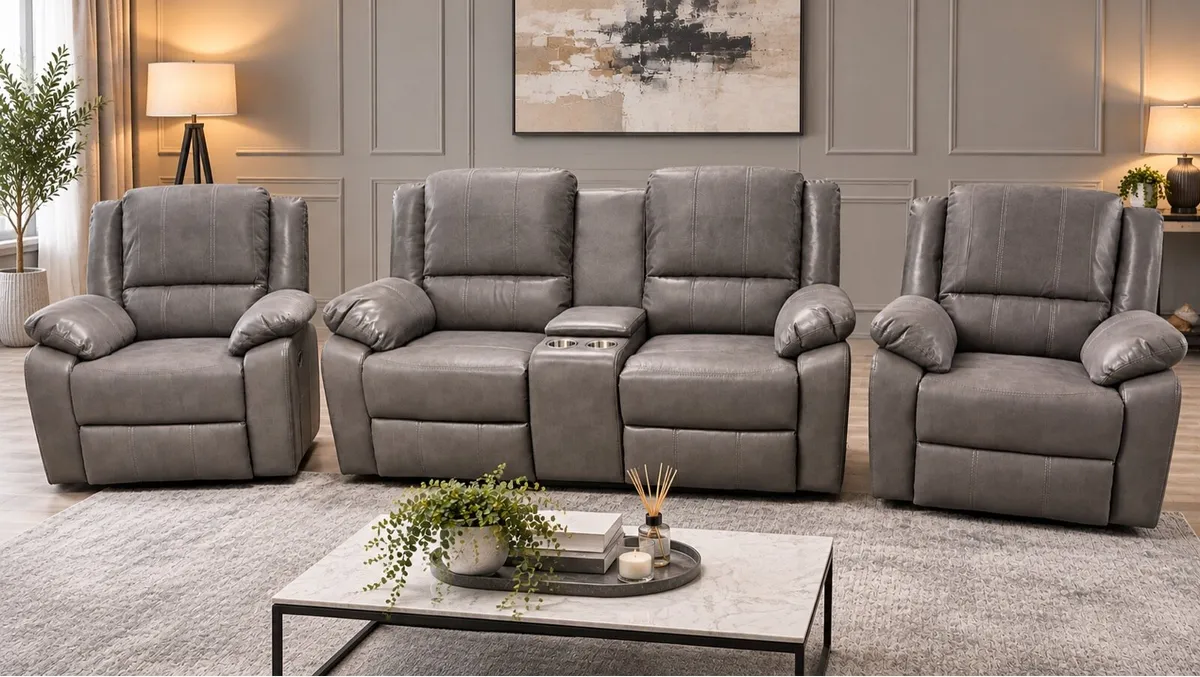 New 2+1+1 Grey leather Madrid Sofa Recliner