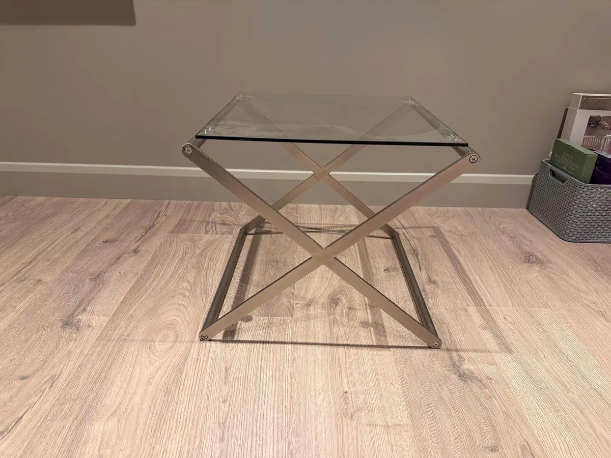 Modern Glass Lamp / Side Table Matt Chrome X-Frame - Image 1
