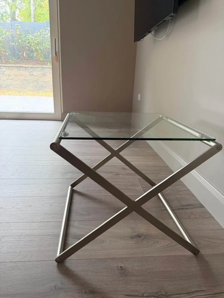 Modern Glass Lamp / Side Table Matt Chrome X-Frame - Image 2