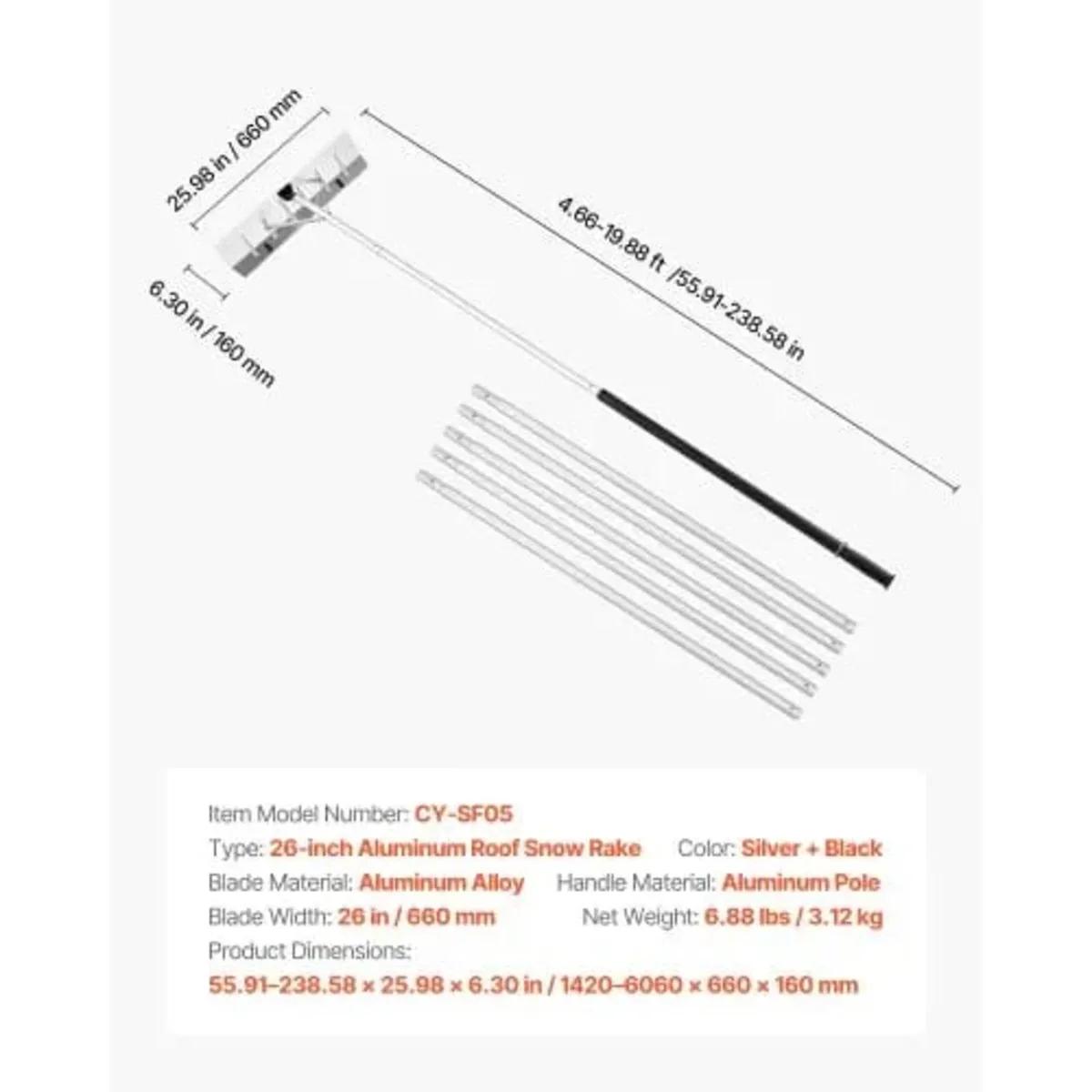 Snow Roof Rake, 66 cm Aluminum Blade, 2.3-6 m Adju - Image 4