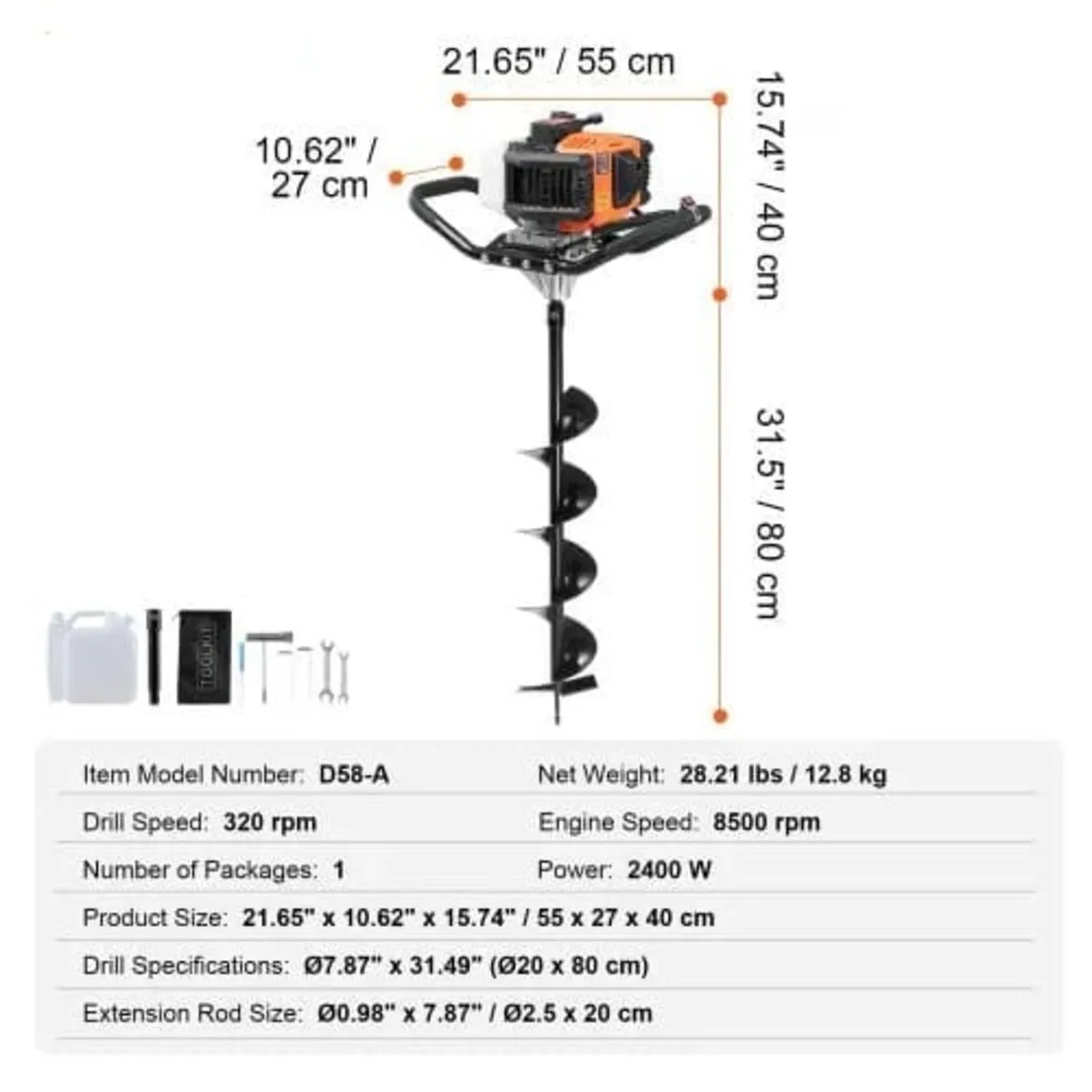 Gas Post Hole Digger 63CC 2400W with 20.3 cm Drill - Image 3