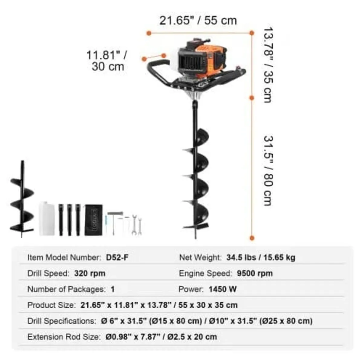 Post Hole Digger Gas Powered, 52CC 1450W Earth Aug - Image 4