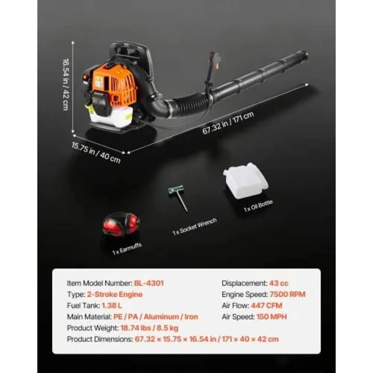 Backpack Leaf Blower, 43CC 2-Stroke Engine Gas Pow - Image 4
