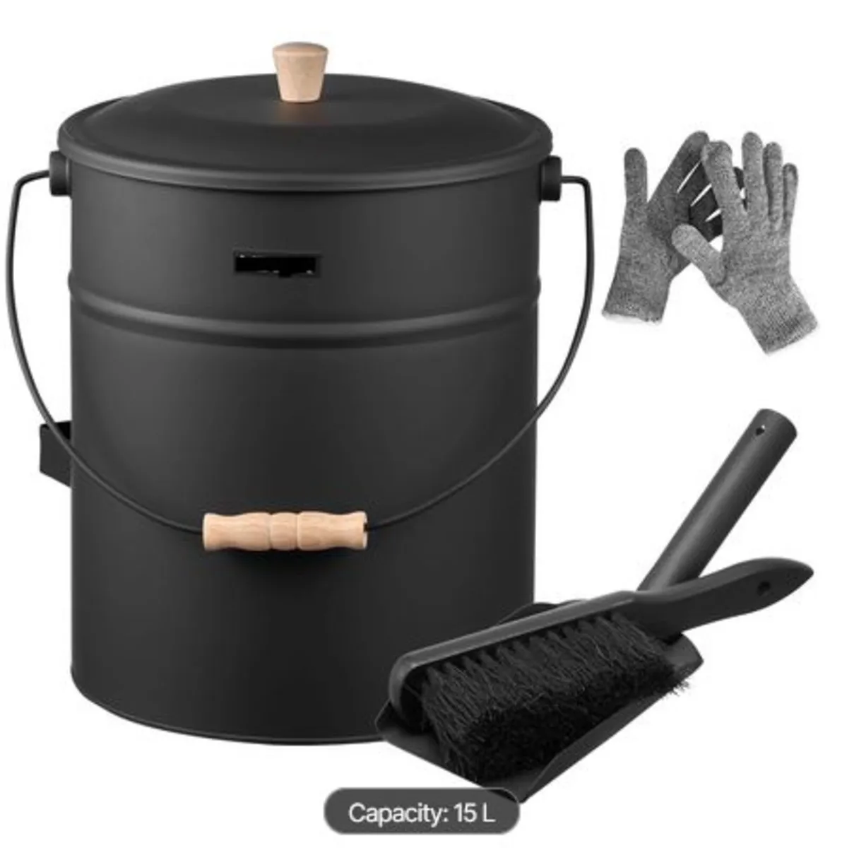 Ash Bucket, 4 PCS with Lid, Shovel,Broom and Glove - Image 1