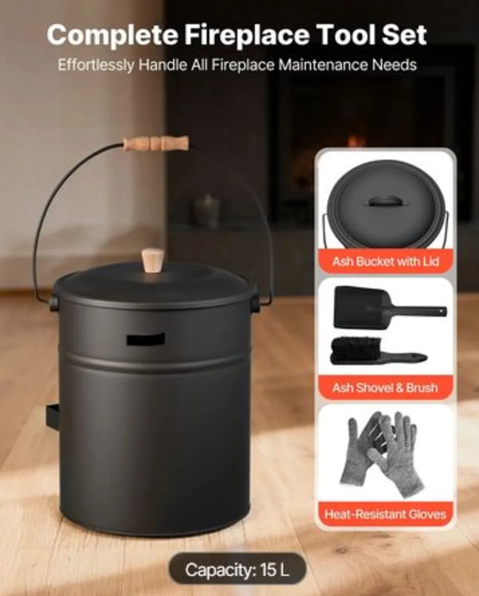 Ash Bucket, 4 PCS with Lid, Shovel,Broom and Glove - Image 2