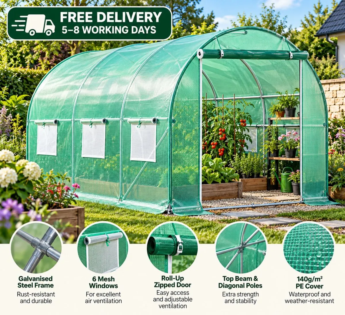 Walk-In Polytunnel Greenhouse 10ft × 7ft - Image 1