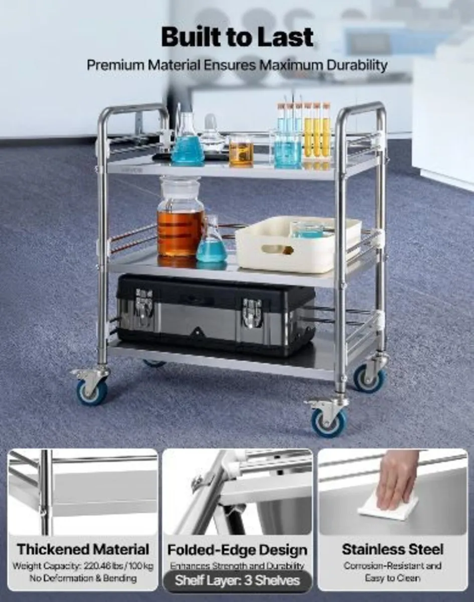 Stainless Steel Cart, 3-Tier Rolling Lab Utility - Image 3