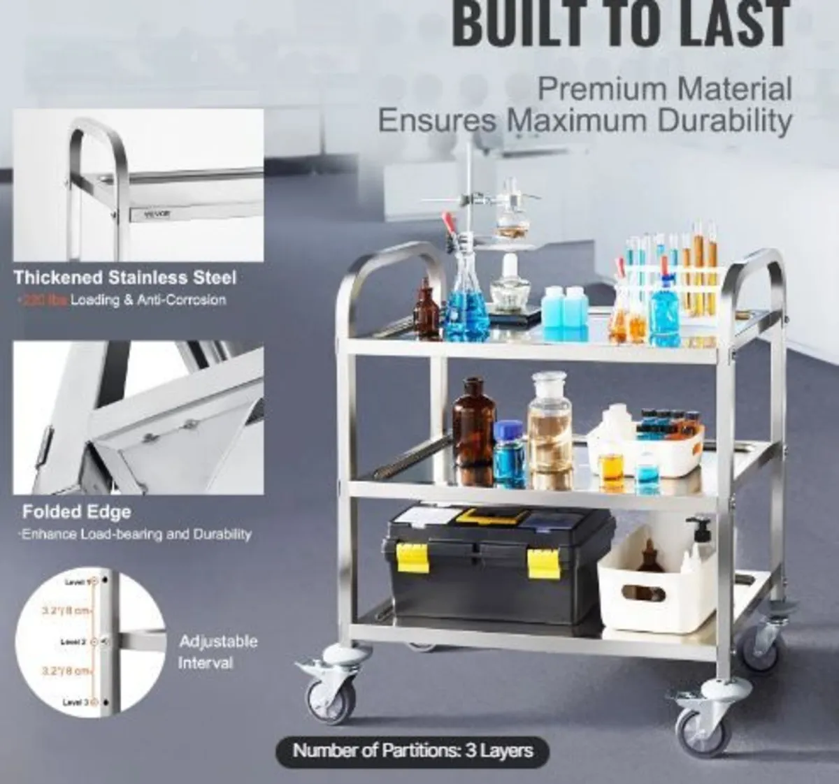 Stainless Steel Cart, 3 Layers Lab Utility Cart - Image 3