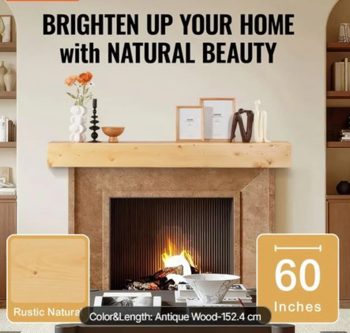 Fireplace Mantel, 60" x 8" x 6", 50 lbs Weight - Image 3