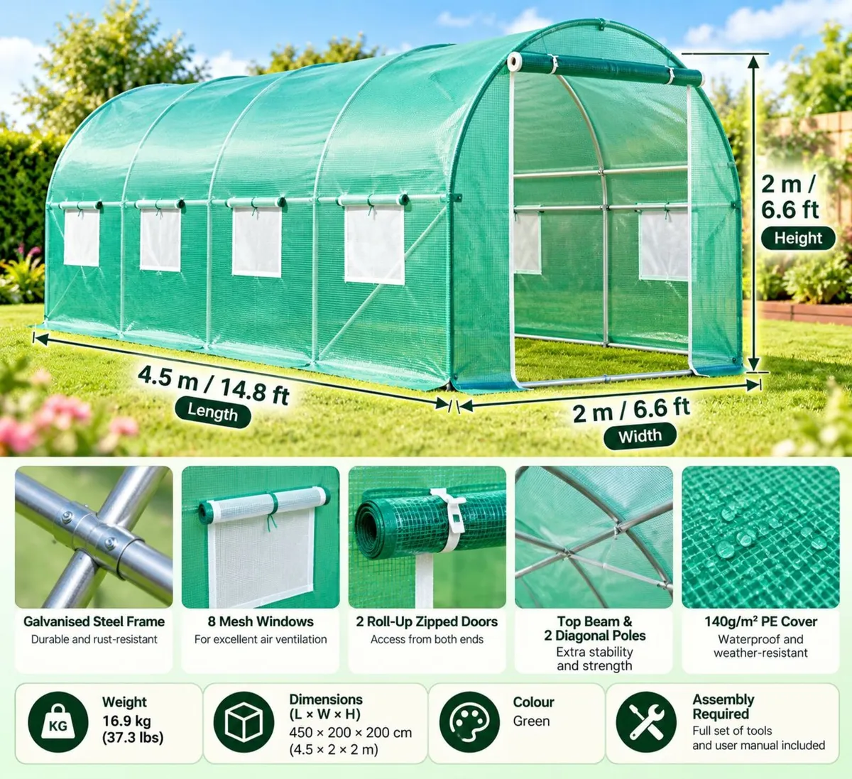 Large Walk-In Polytunnel Greenhouse 15ft × 7ft × 7 - Image 2