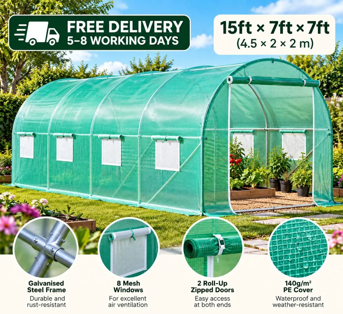 Large Walk-In Polytunnel Greenhouse 15ft × 7ft × 7 - Image 4