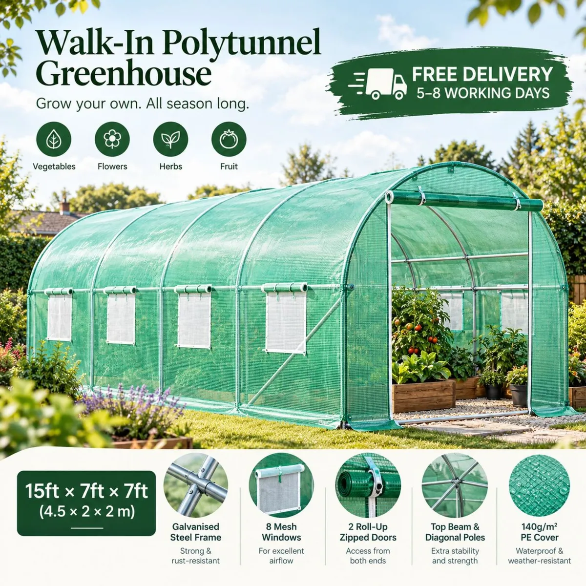 Large Walk-In Polytunnel Greenhouse 15ft × 7ft × 7 - Image 1